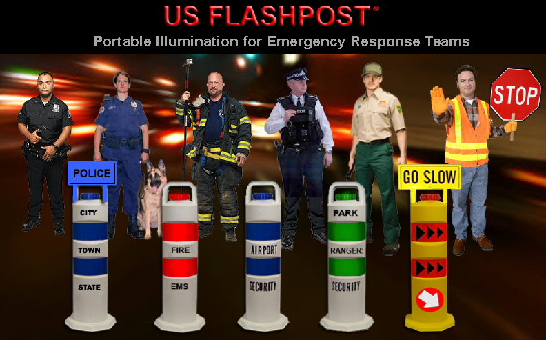 US Flash Flare Post with 16 LED Lights and Reflective Bands, Roadside PowerFlare LED Flashing Strobe Posts with Traffic Signs | Directional Arrows