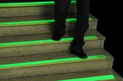 Glowing Adhesive Non-Skid Tape on Stairs Provides Guidance at Night Glowing Adhesive Non-Skid Tape on Stairs Provides Guidance at Night
